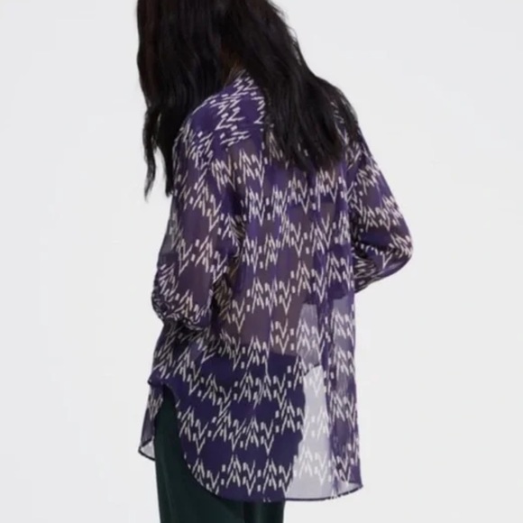 Zara Navy Blue Tribal Zigzag Chevron Striped Printed Semi Sheer Blouse - S - Picture 2 of 13